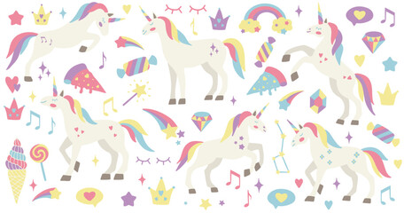 Cute unicorn set. Vector characters for birthday, invitation, baby shower card, kids t-shirts and stickers kit. Hand drawn nursery illustration.