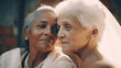 © Roman - Old women lesbian couple. marrage Black and Caucasian female bride in love. LGBT pride month celebration generative ai