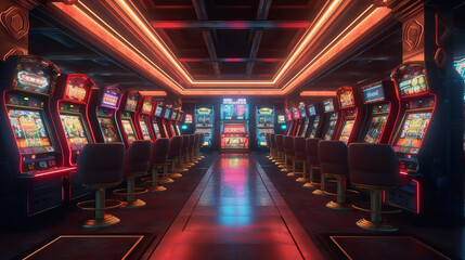 entertainment area illuminated with casino machines at night. generative ai