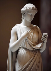 ancient Greek or Roman statue of woman looking at cell phone