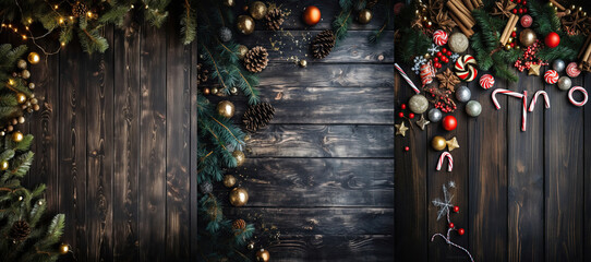 Wall Mural - Christmas background made of natural winter things on wooden background. Generative Ai