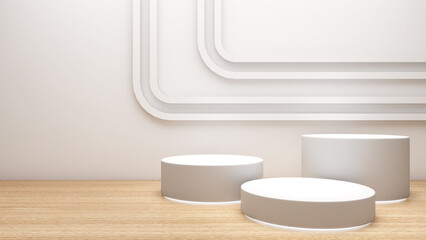 Poster - white circle stand on a white background with wood floor,mock up podium for product presentation,3D rendering