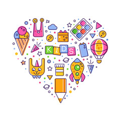 Sticker - Bright Kids Design with Line Colorful Icons Arranged in Heart Vector Template