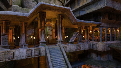 Aufkleber - Fantasy underground mine and home of the dwarves lit by burning fire torches. 3D rendering.