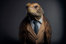 The Suave Turtle: A Dapper Businessman In A Dark Background. Generative Ai.