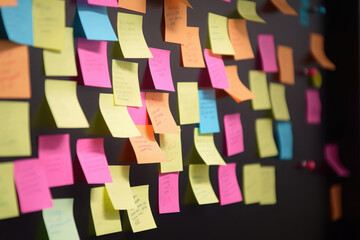 Wall Mural - Sticky notes board in office. Many different colorful paper stickers pinned on wall. Memory notes for business planning. Created with Generative AI