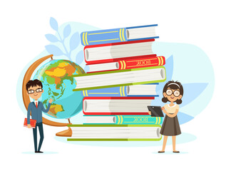 Canvas Print - Cute Boy and Girl Nerd in Glasses Standing Near Pile of Books and Globe Vector Illustration