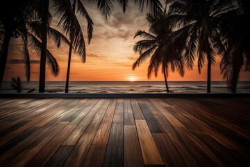 Wall Mural - a wooden deck in the backdrop with palm trees and the ocean. Generative AI