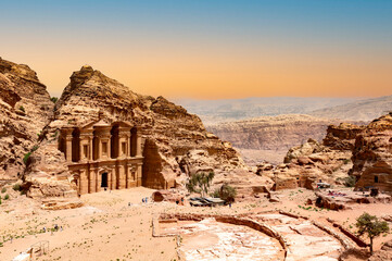 The Monastery or Ad Deir at beautiful sunset in Petra ruin and ancient city of Nabatean kingdom, Jordan, Arab, Asia