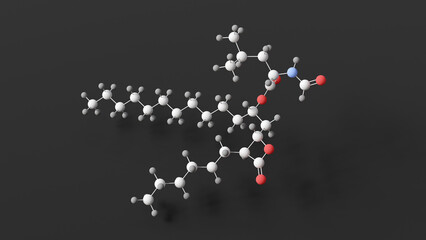  orlistat molecule, molecular structure, xenical, ball and stick 3d model, structural chemical formula with colored atoms