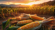 Corn cobs in corn plantation field with sunrise background. Generative Ai