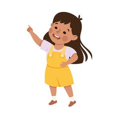 Poster - Smiling Girl Character Pointing at Something with Her Finger Vector Illustration