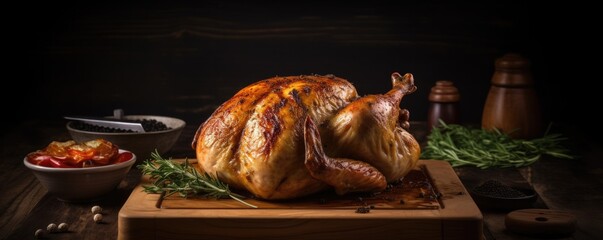 Banner tasty roasted whole chicken on wooden cutting board. Ai generative.