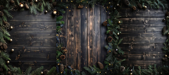 Wall Mural - Christmas background made of natural winter things on wooden background. Generative Ai