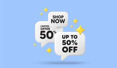 Poster - up to 50 percent off sale. 3d offer chat speech bubbles. discount offer price sign. special offer sy
