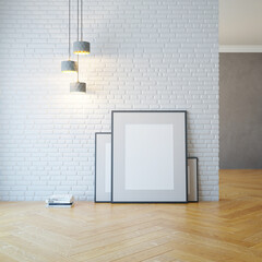 Wall Mural - empty room with light and blank pictures