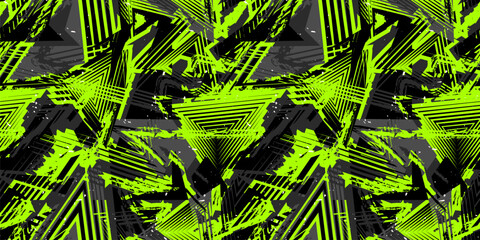 Wall Mural - Trendy sport pattern. Abstract vector seamless grunge background. Urban art texture with neon lines, triangles, chaotic brush strokes, ink, splatter. Grunge graffiti pattern. Black and green design
