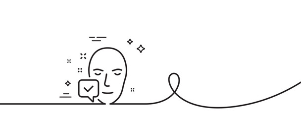 Poster - Face accepted line icon. Continuous one line with curl. Access granted sign. Facial identification success symbol. Face accepted single outline ribbon. Loop curve pattern. Vector