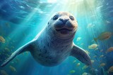 Fototapeta Łazienka - Cute Sea Lion Playing Underwater (Generative Ai)