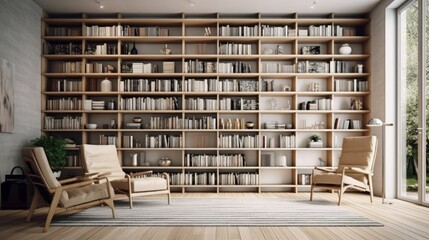 Wall Mural - Minimalist bookshelf with an extensive collection. AI generated