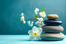 Spa Background. Relaxation Composition Stones And White Flower On A Light Blue Background. Generative AI, Generative, AI