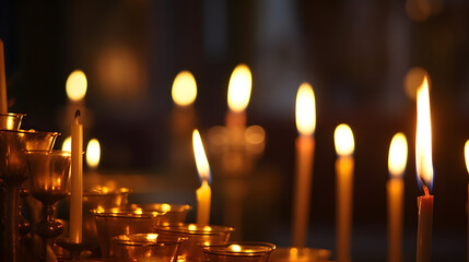 Wall Mural - Candles in a Christian Orthodox church background. Flame of candles in the dark sacred interior of the temple