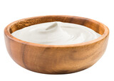 sour cream in wooden bowl, mayonnaise, yogurt, isolated on white background, full depth of field
