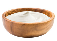Sour Cream In Wooden Bowl, Mayonnaise, Yogurt, Isolated On White Background, Full Depth Of Field