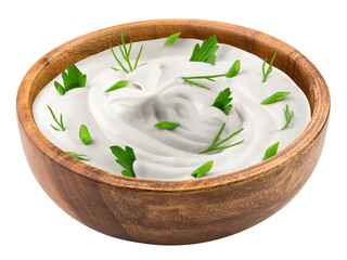 Wall Mural - sour cream with onion, parsley, dill, herbs in wooden bowl, mayonnaise, yogurt, isolated on white background, full depth of field