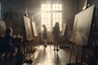 Art workshop classes, group of girls painting in art studio