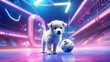 fluffy white puppy dog in futuristic neon cyberpunk football stadium, Generative AI