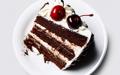 Plated slice of black forest cake on white background, Generative AI