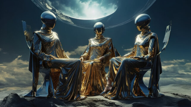 Three figures of alien rulers in chrome masks. Portraits of creatures that excel in the development of people. Illuminati and Reptilians. Created by AI