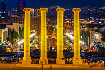 Poster - Montjuic columns at night, Barcelona, Spain