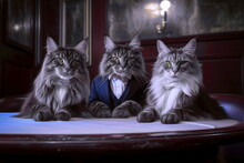 Sophisticated Maine Coon Cats Sitting At A Dinner Table In A High End Restaurant.  One Cat Is Wearing A Blue Tuxedo   