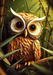 cute owl lovely big eyes playing bamboo multi-dimensional, Generative AI