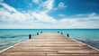 Wooden pier with blue sea and sky background. Generative AI