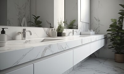 Wall Mural - White bathroom interior, marble countertop on a blurred background of the bathroom interior, generative AI