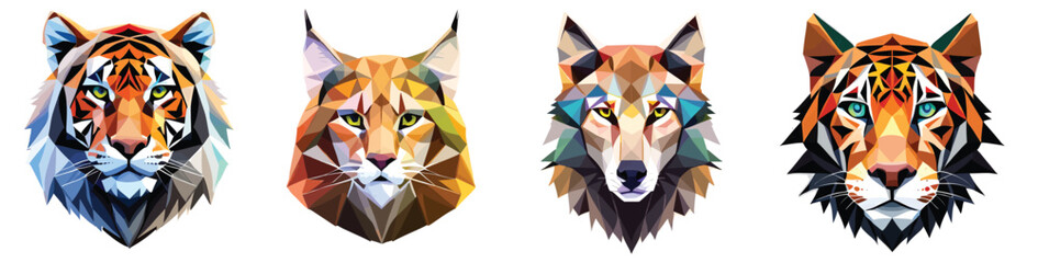 Low poly triangular tiger, lynx, jaguar and wolf heads on white background, vector illustration isolated. Polygonal style trendy modern logo design. Suitable for printing on a t-shirt