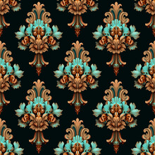 Elegant Damask Style Seamless Pattern. Ornate Background With Foliage, Curly Elements, Flowers. Royal Floral Ornament. Brown, Black, Turquoise Colours. Created With Generative AI Tools. Luxury Design