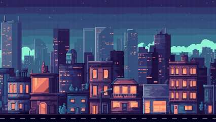 Wall Mural - pixel art game level vector background, 8 bit cityscape, nightcity arcade video game, pixelated night city with skyscrapers, downtown landscape