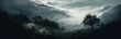 A misty mountain with a mysterious presence. Horizontal banner. AI generated