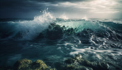 Breaking waves crash on the sandy shore generated by AI