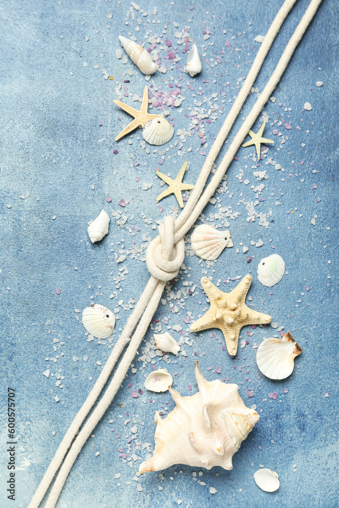 Seashells and starfishes with rope on grunge blue background