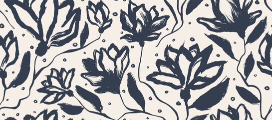 Wall Mural - flowers hand drawn seamless pattern. ink brush texture.