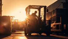 Men Driving Forklift At Construction Site At Dusk Generated By AI