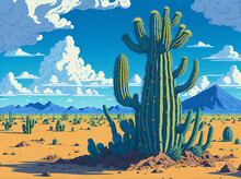 Illustration Of The Northeastern Backlands Of Brazil. Brazilian Caatinga Biome. Arid Environment Of Latin America With Cacti, Mountains And A Dry Arid Land.