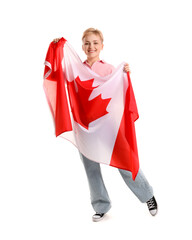 Canvas Print - Young woman with flag of Canada on white background