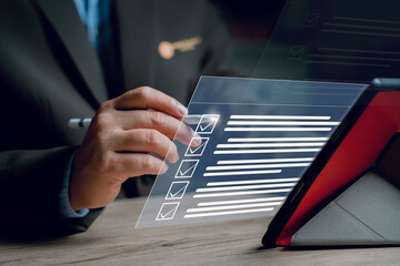 Poster - Business performance checklist concept, businessman using laptop doing online checklist survey, digital form checklist, online survey, take an assessment, questionnaire, evaluation.