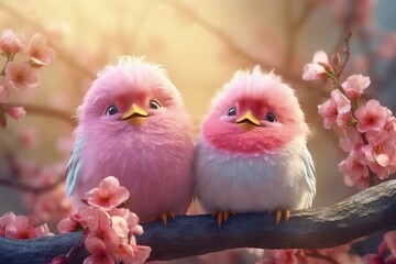 Two fluffy cute snowbird male and female sit on a branch in love, generative ai